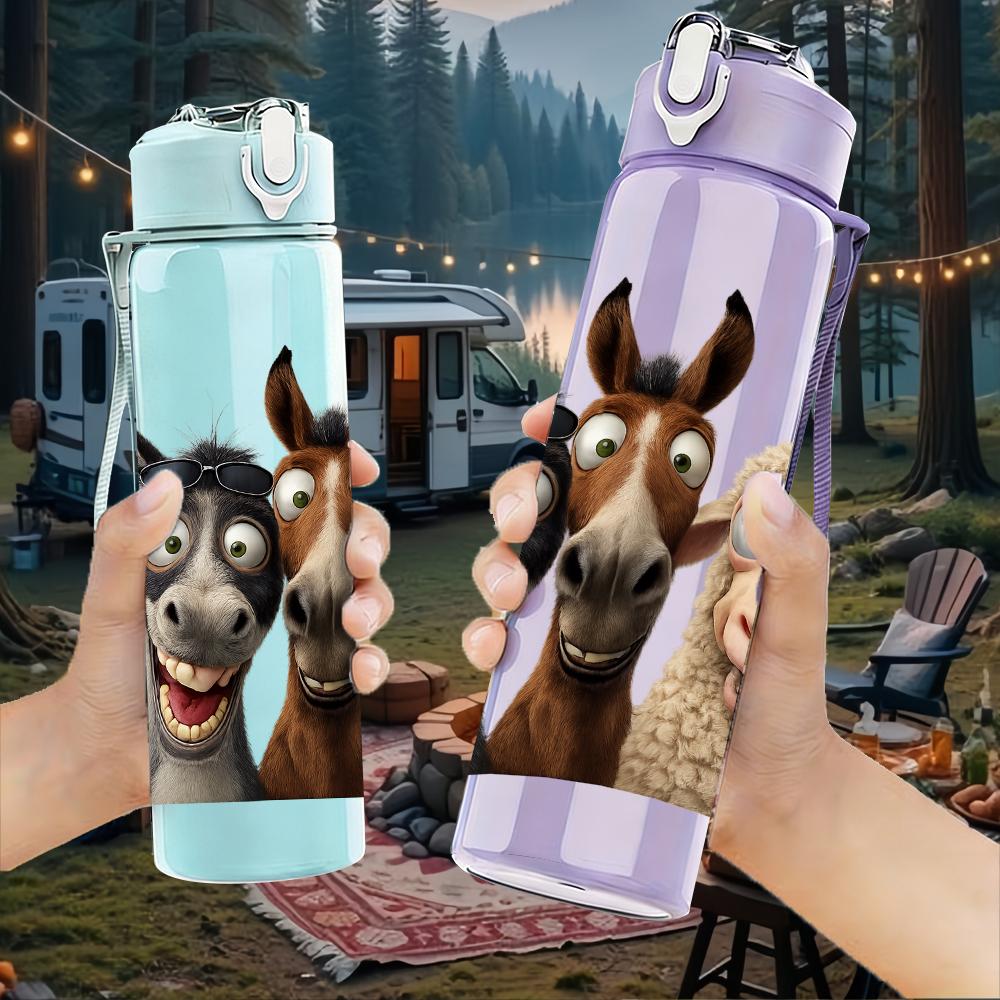1PC Donkey Sheep Cartoon Duo 750ml Color Plastic Sports Water Bottle Leakproof Flip Straw Lid For Sports Office Home Use