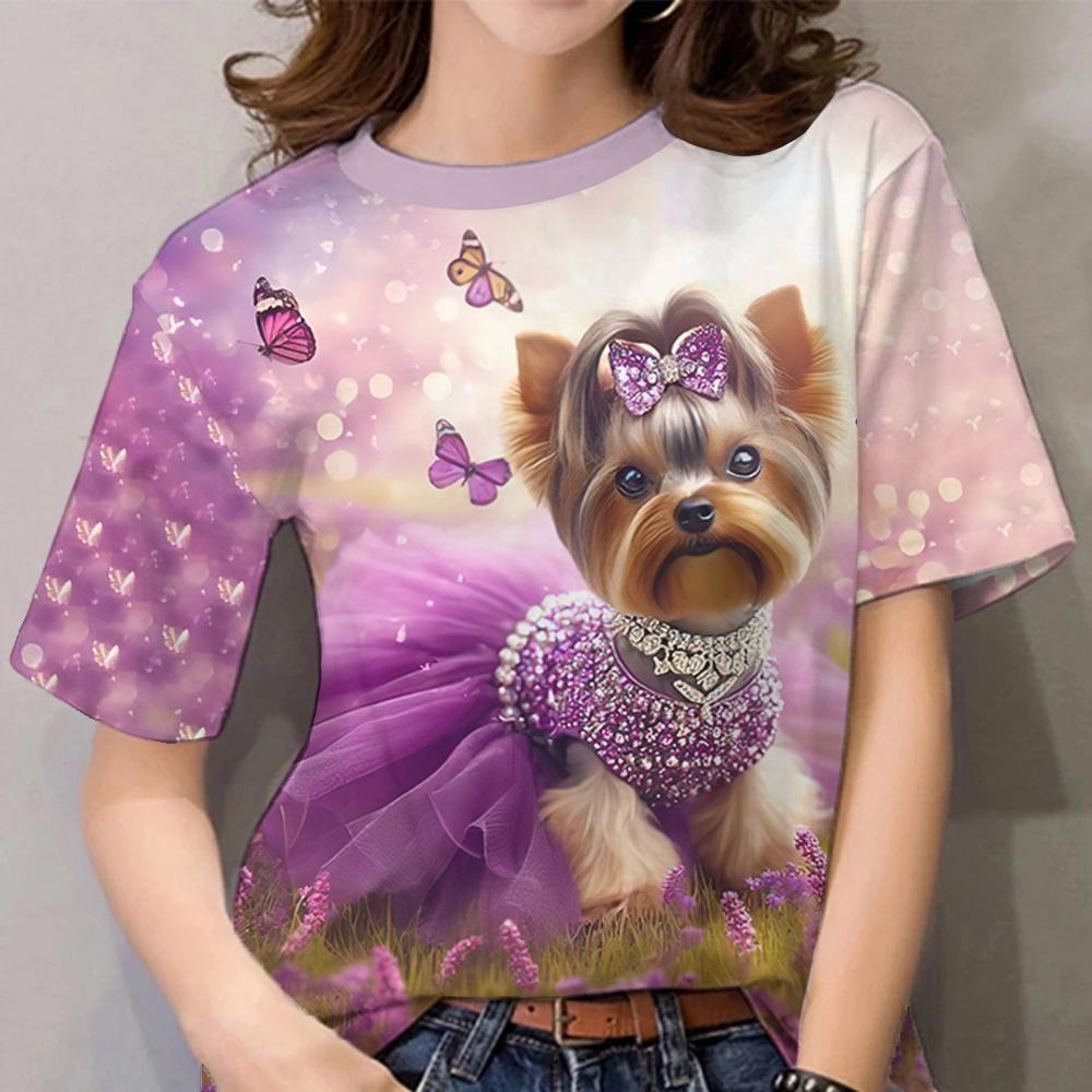 Women's T-Sleeve Contrast Color Puppy Pattern Printing Fashion Casual Y2k Women's Clothing High-Quality Short-Sleeved