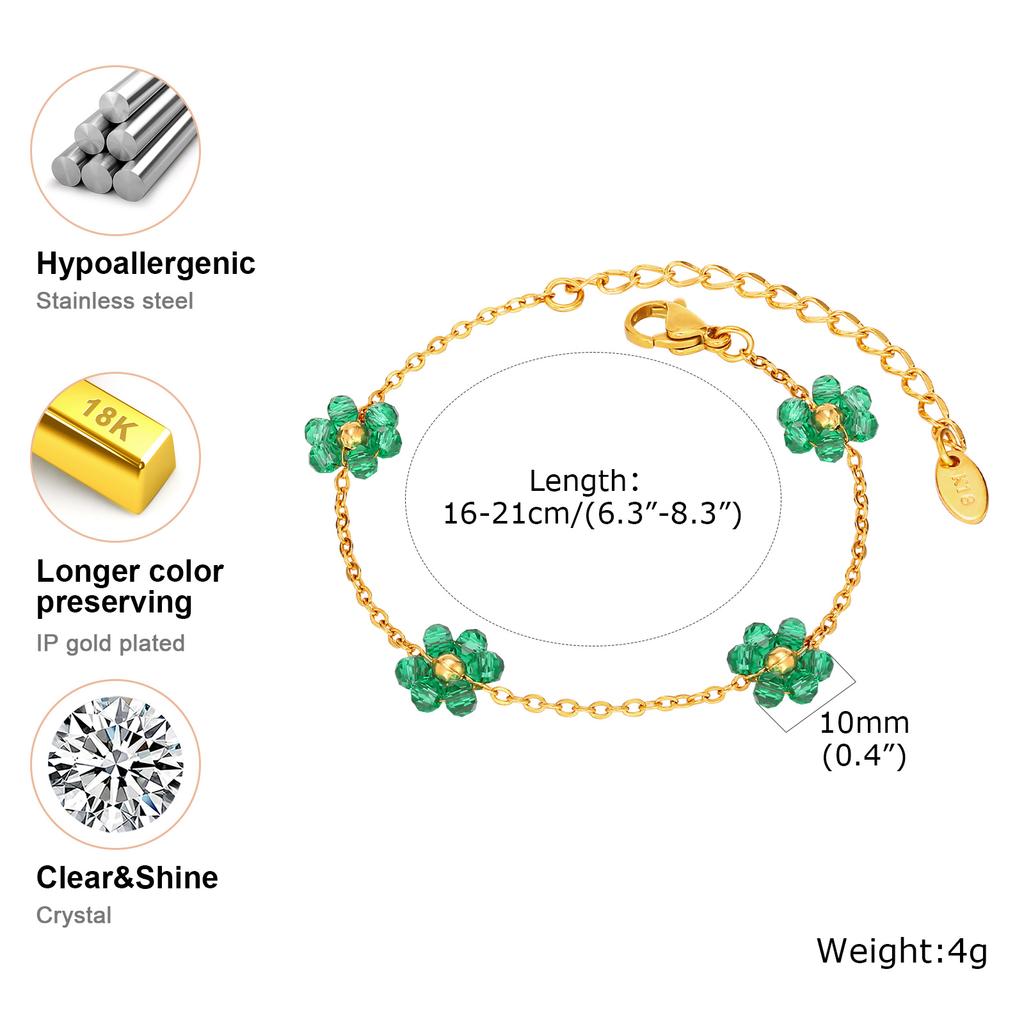 Stainless Steel Bracelet Flat Rolo Chain Imitation Pearl Flower Glue Gint Green Millet Bead Bracelet Gold Color For Women