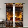 2pcs Cozy Stone Fireplace Printed Curtains, Designed for Light Filtering, Quality Material, Ideal for Winter-Themed Home Window