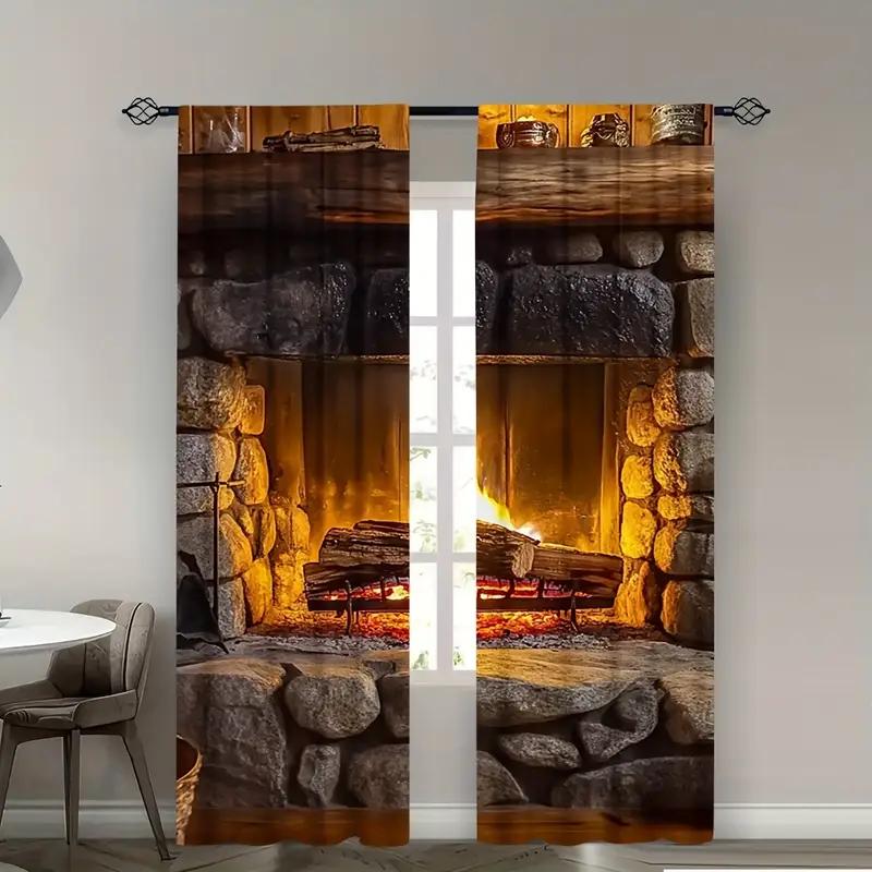 2pcs Cozy Stone Fireplace Printed Curtains, Designed for Light Filtering, Quality Material, Ideal for Winter-Themed Home Window