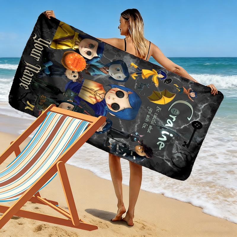 Name Custom Cartoon Coraline Print Beach Towel, Large Soft Quick Dry Towel for Beach Camping Swimming