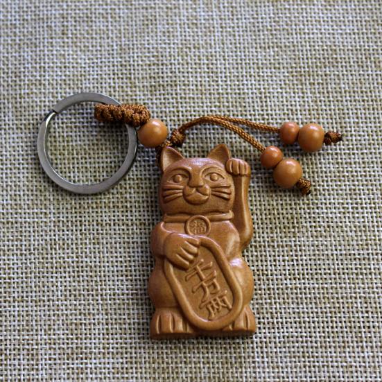 Exotic Wood Carving Lucky Cat Keychain Pendant Hanging Bag Pouch Ornament Gift
