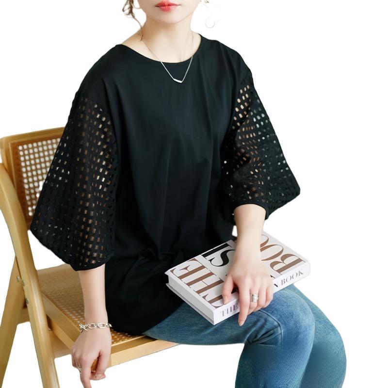 Japanese Korean Summer Women's Hollow Sleeve Patchwork Loose T-shirt