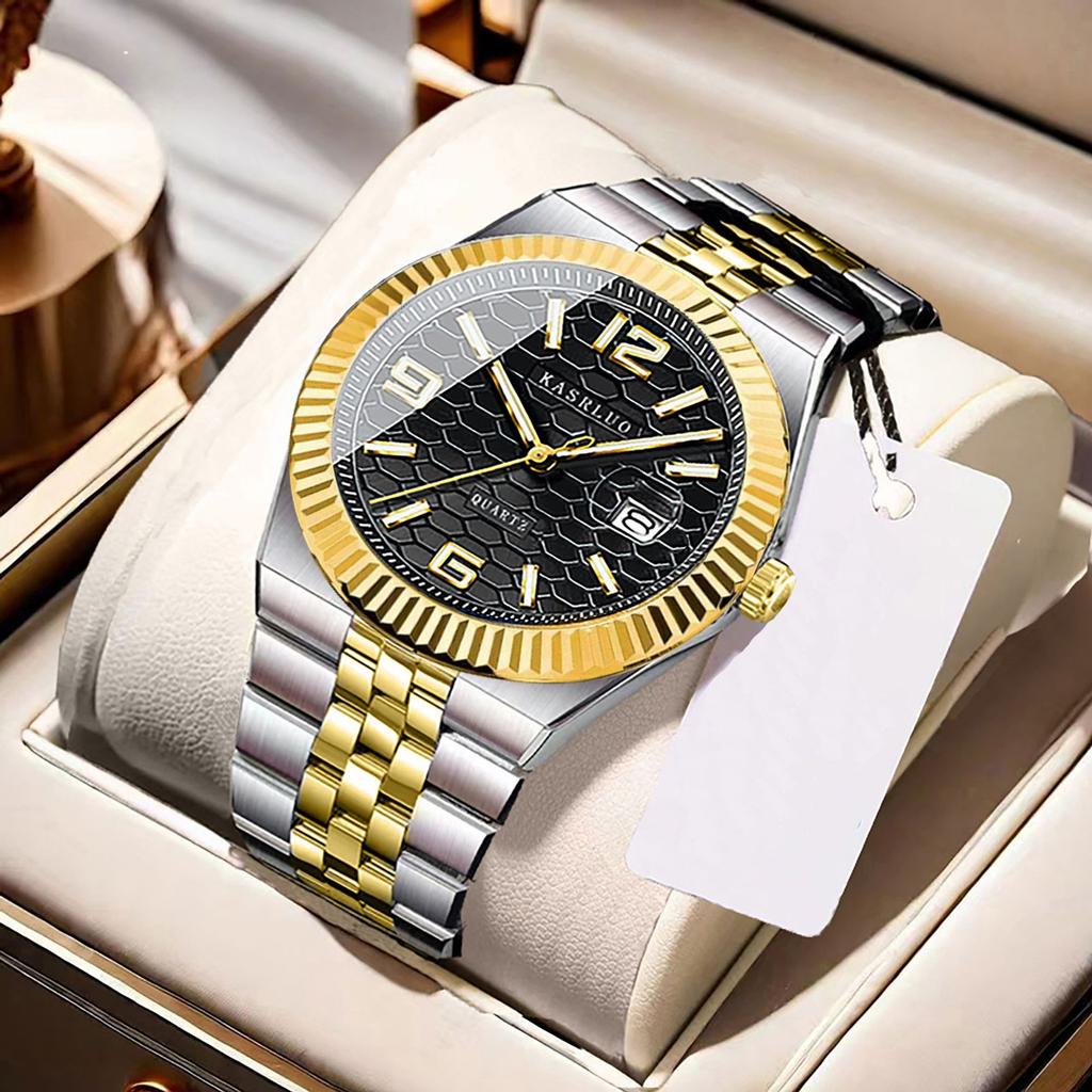 Men'S Watch Stainless Steel Waterproof Non-Mechanical Luminous Calendar Fashion Steel Belt Quartz Watch