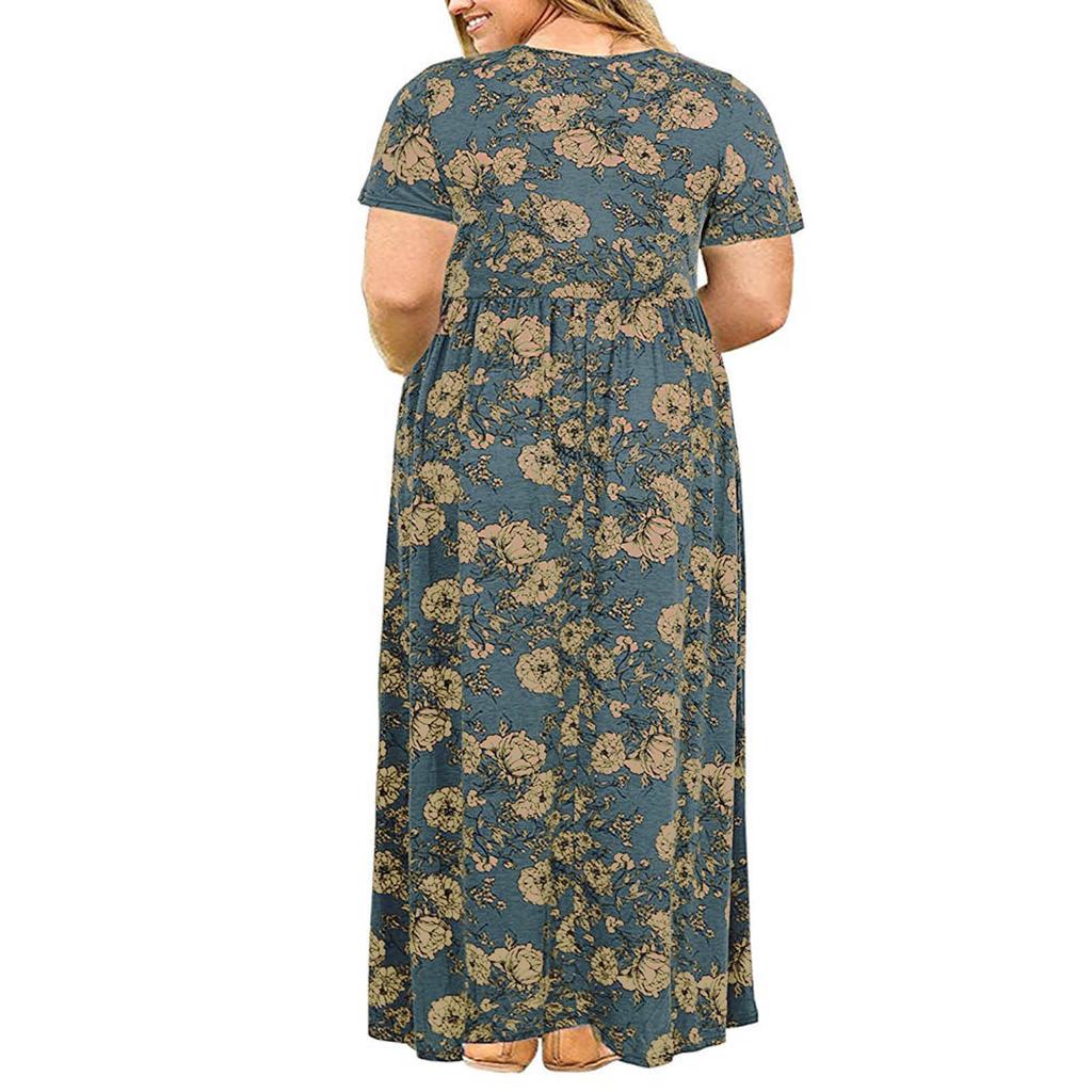 Plus Size Women Casual O-Neck Summer Short Sleeve Print Loose Pocket Long Dress