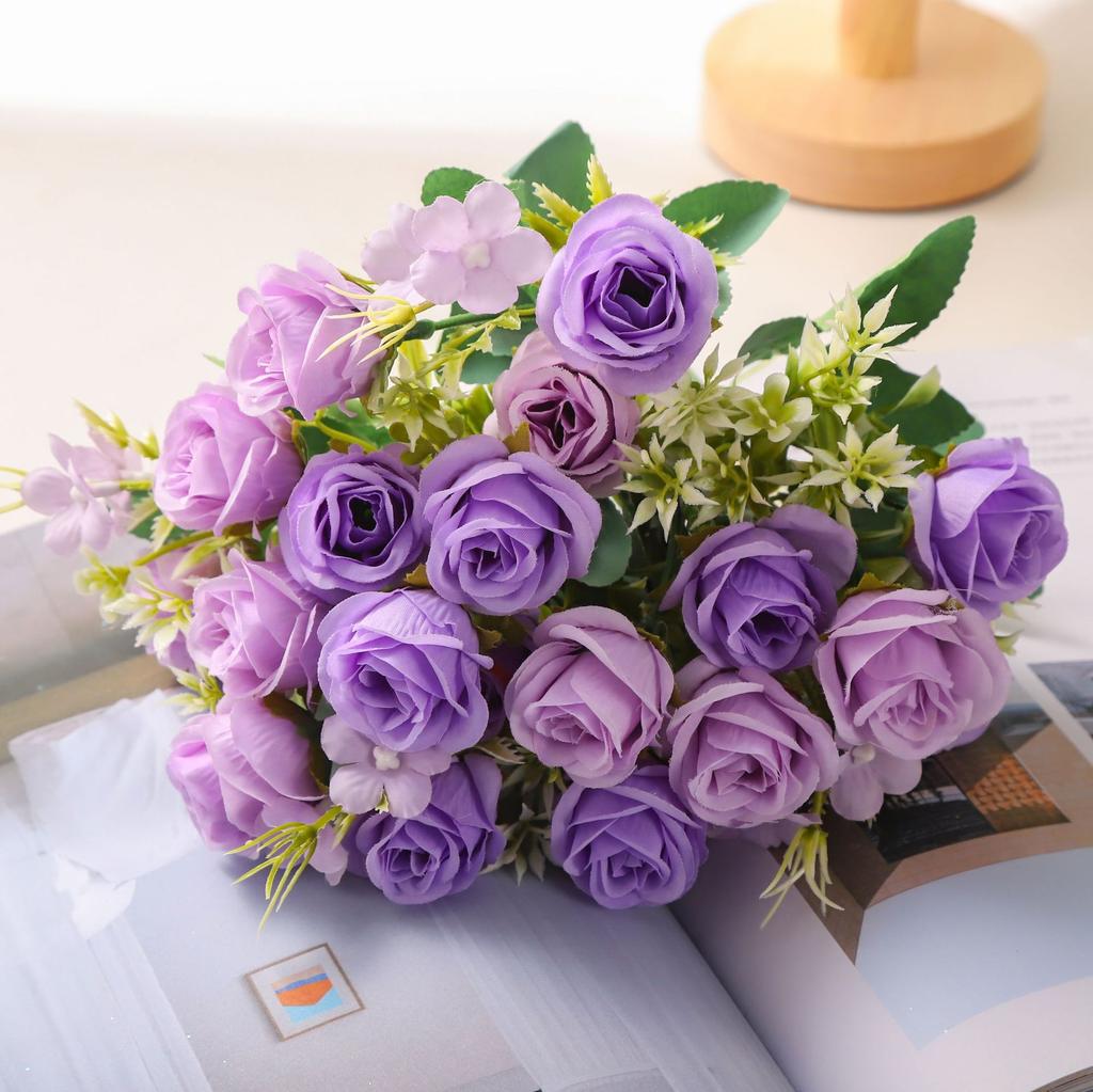 Pink Artificial Rose Bouquet with Greenery, Fake Silk Flowers for Home Wedding Decor