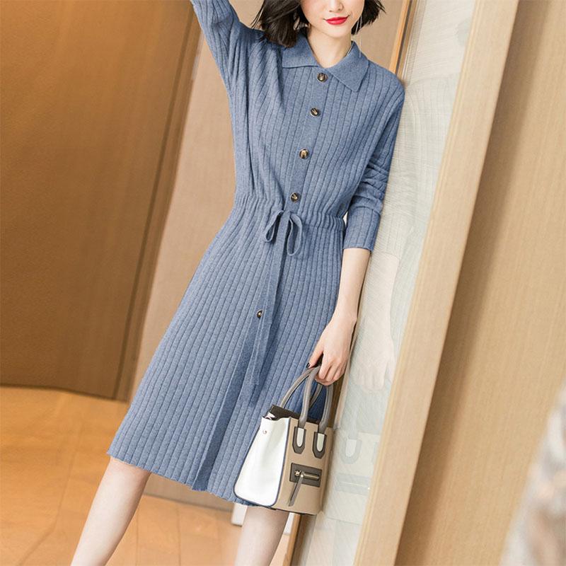 Spring Autumn Lapel Knit Dress Women's Long Loose Tie Sweater Dresses