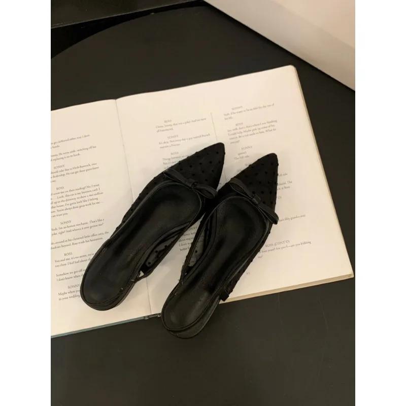 Women's 2026  Polka Dot Chunky Heel Graceful Pointed Toe Shallow Mouth Slimming Baotou Bow Shoes Women