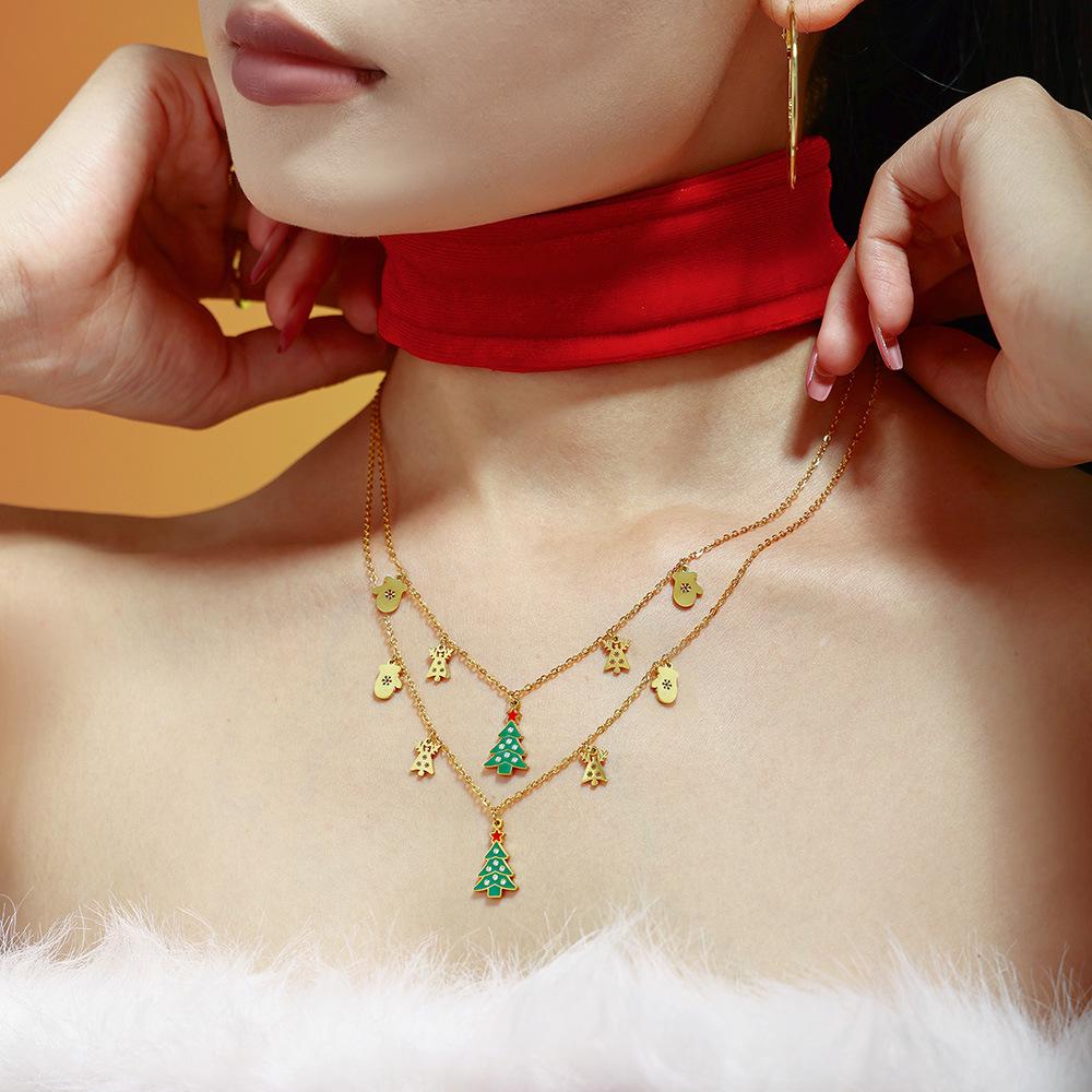 Green Zircon Sugar Cube Christmas Tree Drip Necklace: Romantic Titanium Steel Multi-Pendant Clavicle Chain Gift for Women