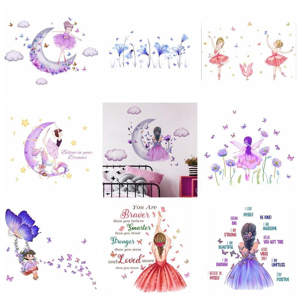 

1/2Pcs/set Self-adhesive Girl Butterfly Stickers Watercolor Moon Cloud Stickers Living Room 3