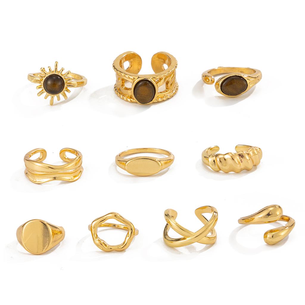 Ingemark 10 Pcs/Set Trend Creative Water Drop Metal Rings Women Elegant Vintage Acrylic Gold Color Open Ring Jewelry Accessories