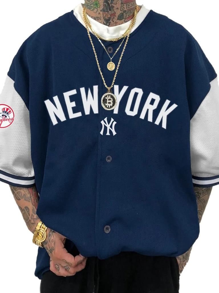 Hot-selling American Trendy Brand Baseball Jersey Short-sleeved Cardigan Letter Digital Printing Training Jersey Game Top