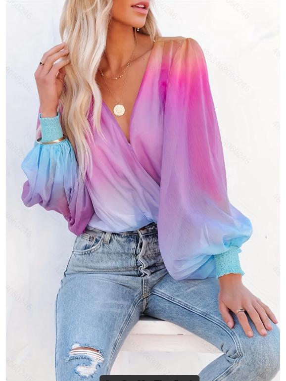European & American Gradient Chiffon Sexy Printed Long-Sleeve Pullover Women's Shirt for Spring & Autumn