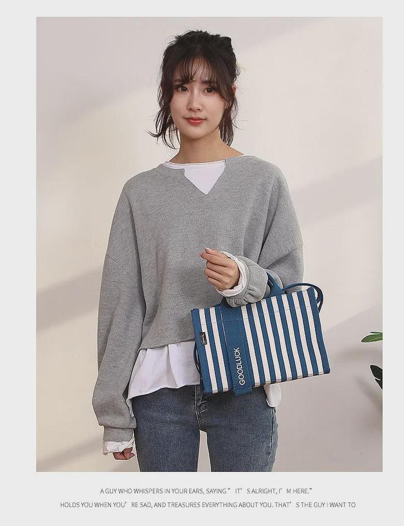 Drezm Korean Crossbody Tote - Small Square Canvas Striped Bag for Women