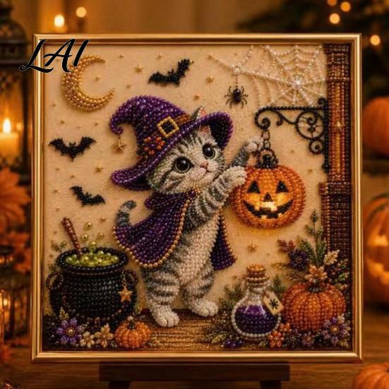 Autumn Home Decoration Halloween Cat Faux Pearl Painting Art Kit Spooky 3D Beads Moonlight Theme Crafts Cute Witch Gem Wall for Adults Craft Lovers