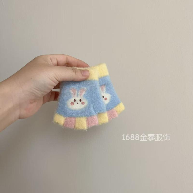 - Years old, baby half-finger gloves autumn and winter cartoon five-finger color matching bunny cute warm writing half-finger