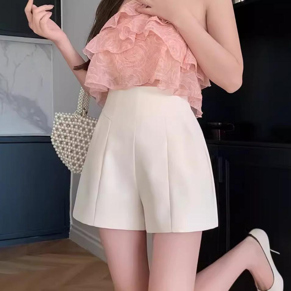 Women's Slimming A-Line Black Shorts - Summer Design, Wide-Leg, Casual, with Back Zipper for Outdoor Wear