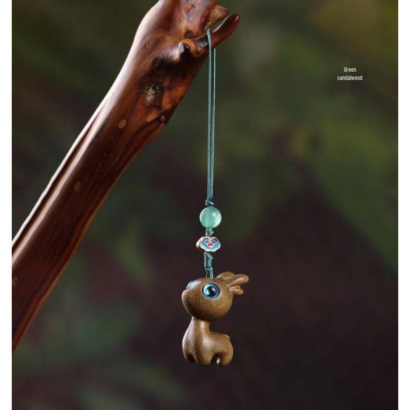 Carved Green Sandalwood Deer Pendant Keychain Accessory