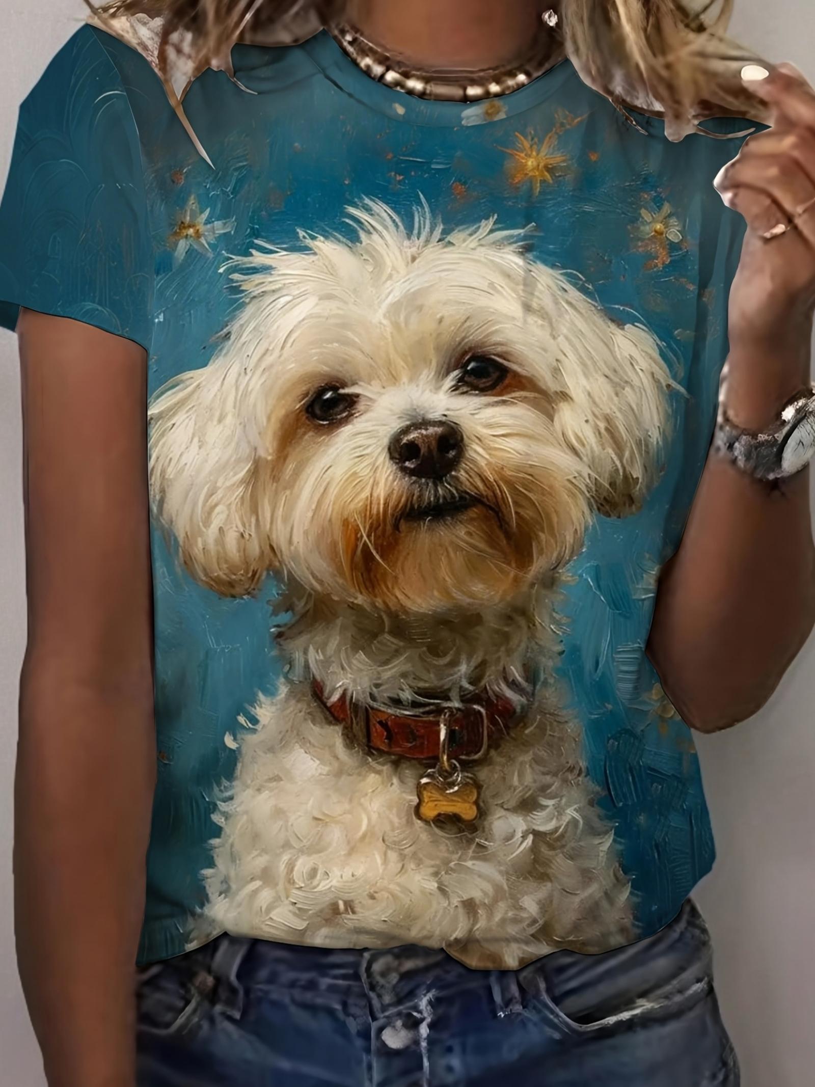 

Women s Oil Painting Dog Print Blouse - Elegant Round Neck T-Shirt Suitable for Casual Daily Wear ; Artistic Outfits - Machine Washable Summer ; Year- S дубильная кора