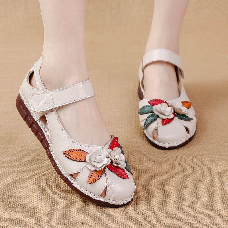 Rozmiar 42, płaskie sandały z prawdziwej skóry, damskie, letnie, z wycięciami, damskie, ortopedyczne sandały w stylu retro z motywem kwiatowym