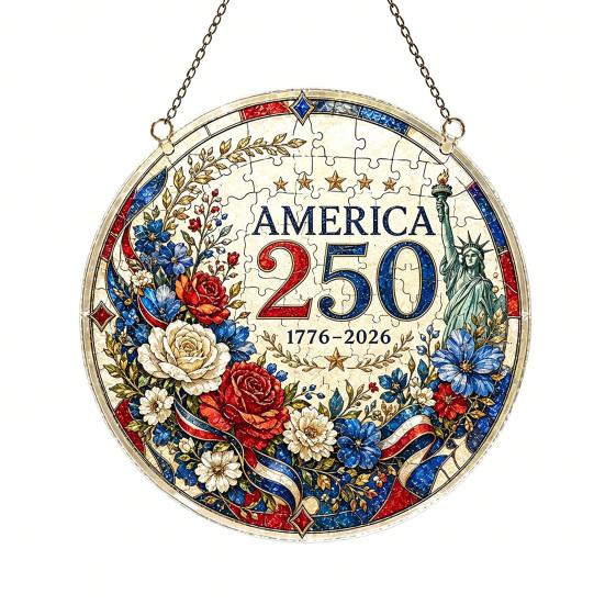 Acrylic Jigsaw Puzzle Suncatcher, US 250th Anniversary DIY Sun Catcher Kit, Stained Glass Style Patriotic Window Hanging Ornament for Independence Day
