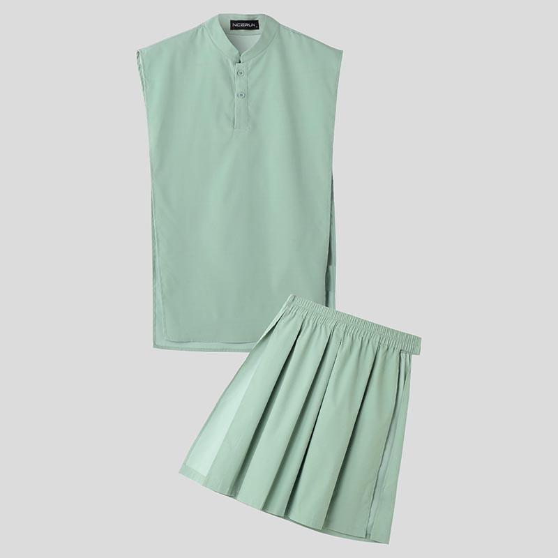 

INCERUN Мужские костюмы-двойки Стойка воротник Топы без рукавов Разрезы Плиссированные юбки Наряд Повседневные комплекты 2XL зелёный