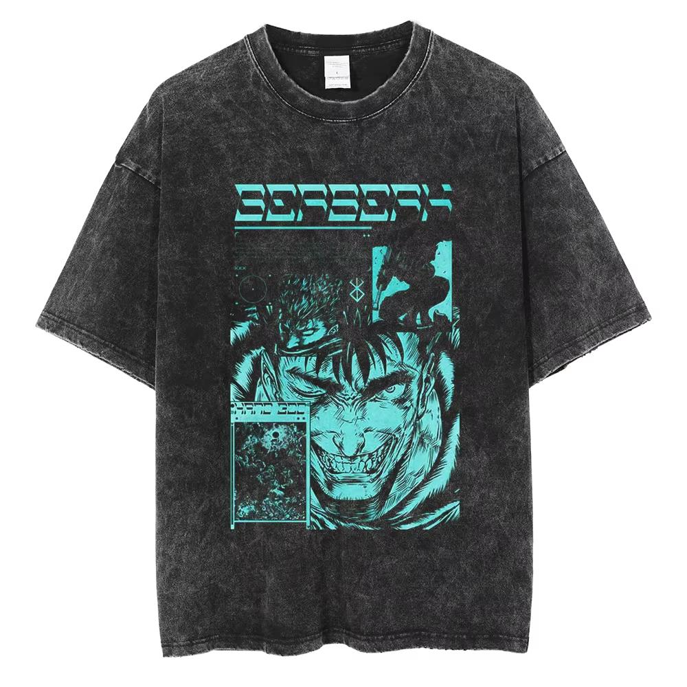 Berserk Anime Guts Charakter Vintage Gewaschenes Baumwoll-T-Shirt Retro Manga Grafik Sommer Kurzarm Locker Geschnittene Oberteile Für Männer Frauen Tägliche Freizeitkleidung