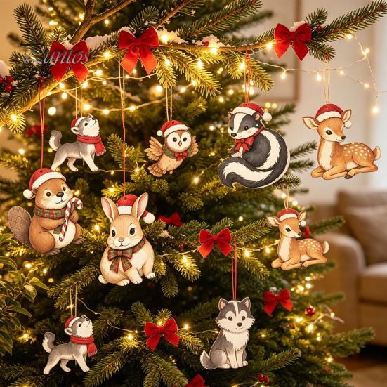 Wood Hanging Crafts for Christmas 12/24Pcs 2D Wooden Ornaments, Woodland Animal Decorations, Forest Durable Holiday Ornaments Creature Ornament Tree,