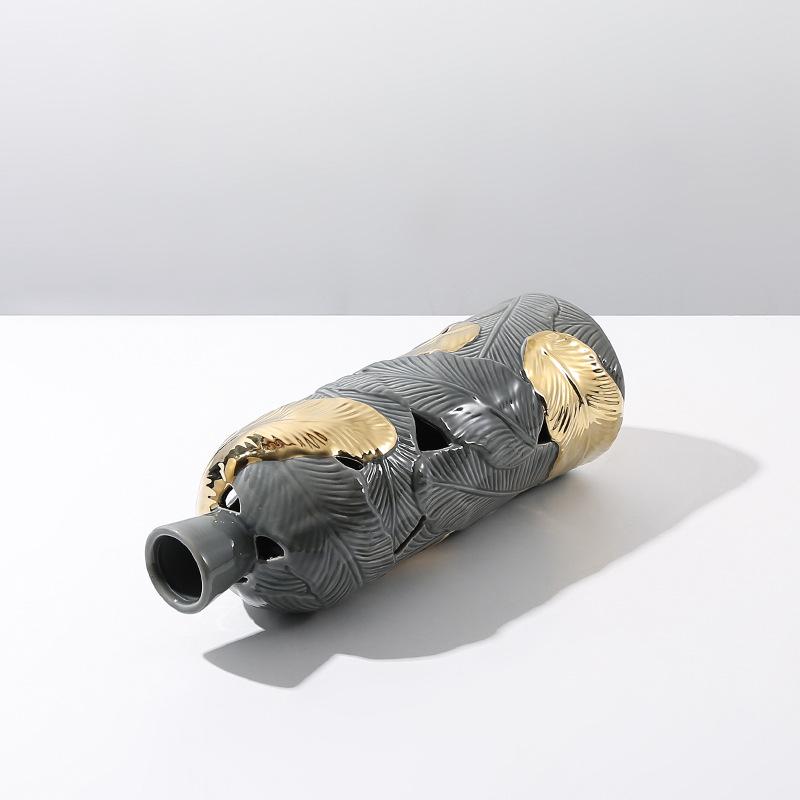 Ceramic Vase Creative Feather Shape Gray Gold Feather Pattern Flower Vase Porcelain Bottle Home Decoration Accessories