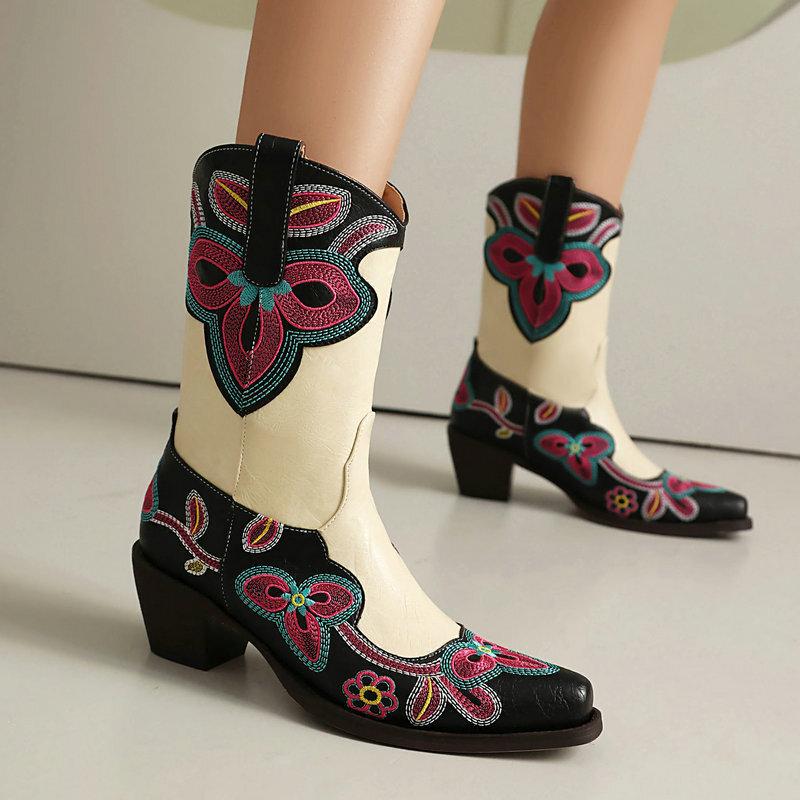 Western Cowboy Boots Women's New Pointed Knight Medium and High Boots Thick Sole Thick Heel High Heel Embroidery