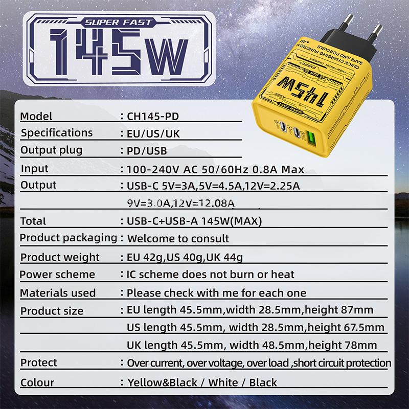 145W 3-Port Typ-C USB Gan Handy-Ladegerät Für iPhone Für Samsung Huawei Xiaomi PD Schnellladung Handy-Netzteil Reise