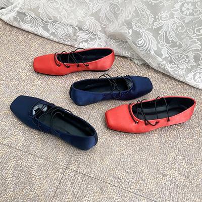 New In Summer and Autumn, Square Head Lace-up Shallow Mouth Ballet Flat Shoes, Satin Mary Jane Shoes, Versatile Shoes