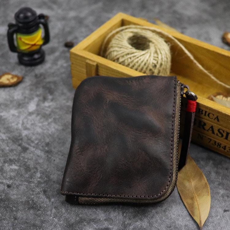 Layered Vegetable Tanned Leather Coin Purse Handmade Vintage Style Zipper Simple Mini Coin Bag