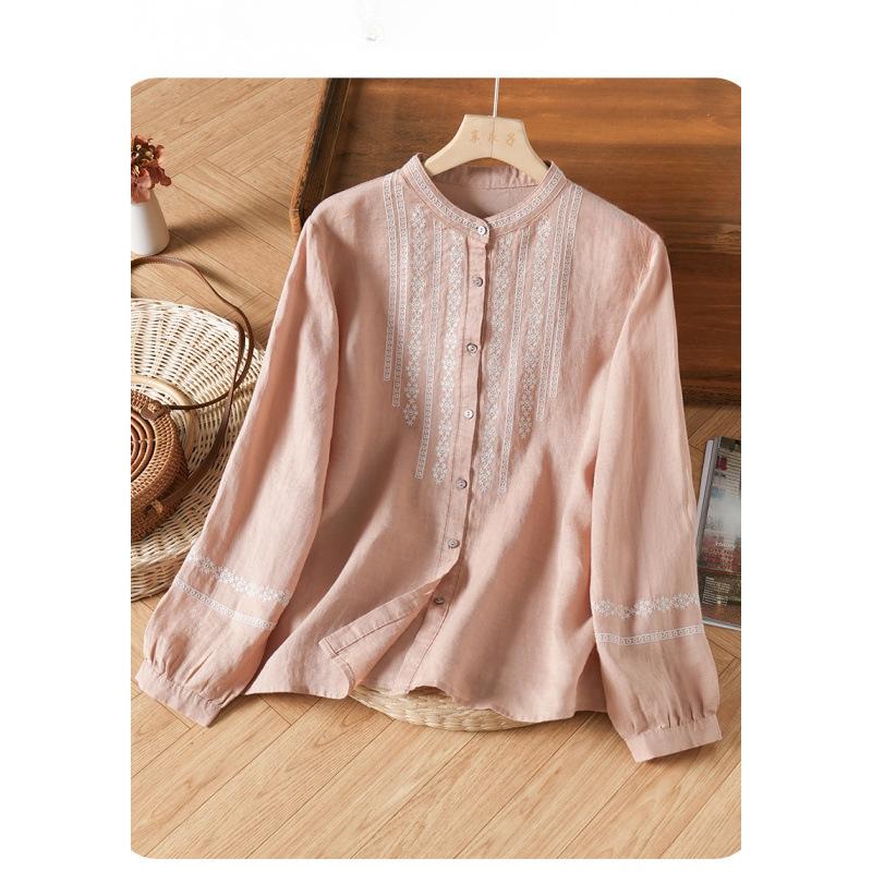 Retro Embroidered Cotton Linen Stand Collar Loose Long Sleeve Women's Shirt Spring Tops
