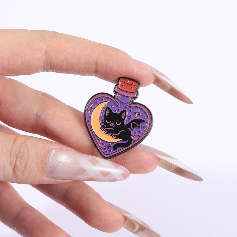Black Cat Bat Enamel Pins Witch Magic Potion Bottle Brooches Lapel Badges Cartoon Punk Jewelry Gift for Kids Friends