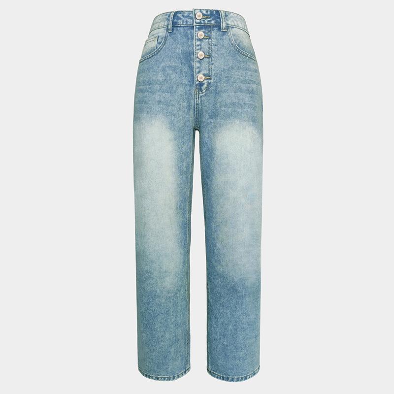 Women's Mid Rise Straight Leg Jeans Loose Fit Vintage Solid Color Washed Denim Pants Retro Casual Spring All-match Long Trousers