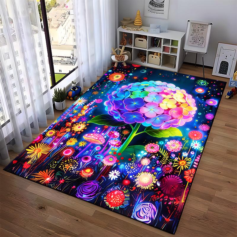Colorful Floral Carpet with Neon Rainbow Hydrangea and Flowers Suitable for use as an anti-slip for living room bedroom sofas