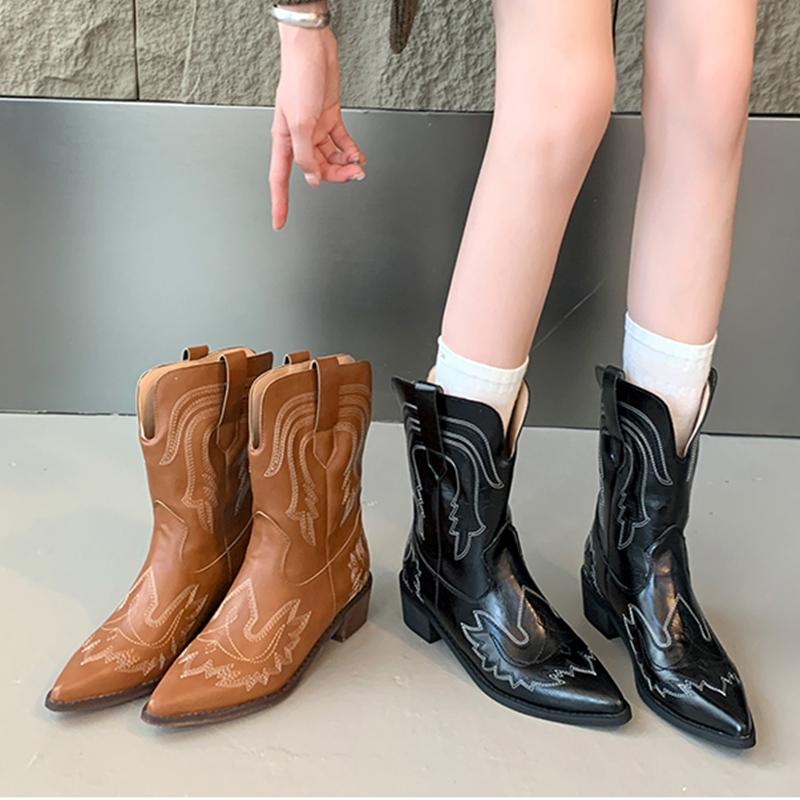 fashion Autumn Winter 2024 Western Cowboy Boots Slip On Women's Boots Embroidered Rider Motorcycle Boots Pu Leather Mid-Calf Boots 35-40