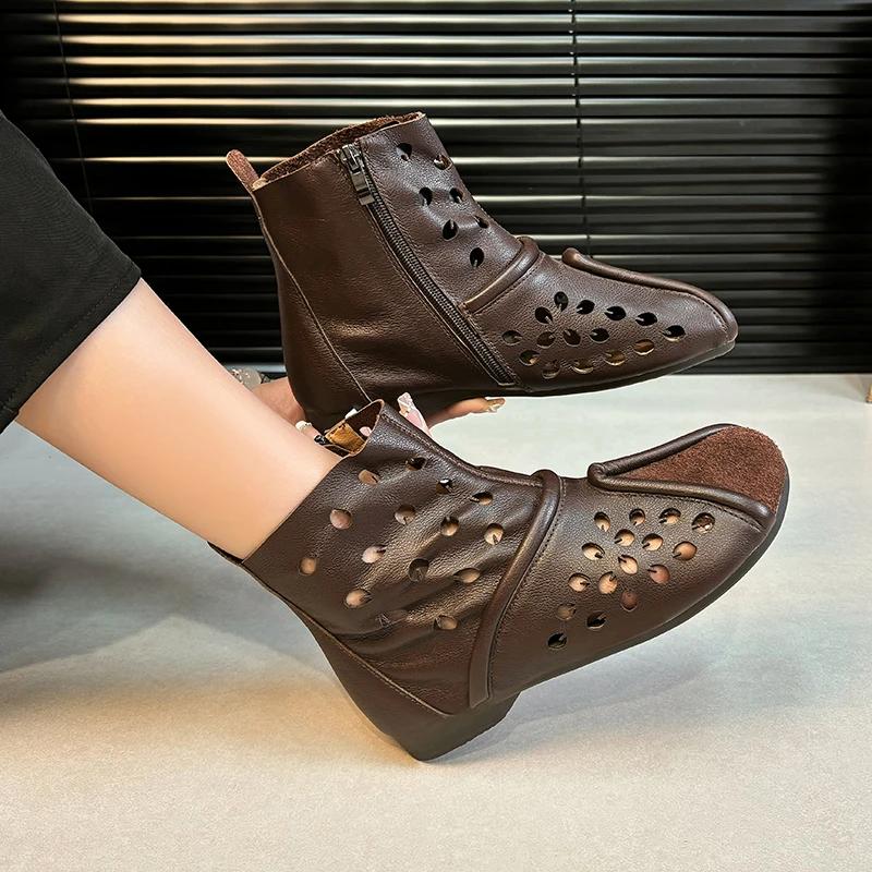 Retro Hollow Out Flat Heel Ankle Boots Women Leather Hollow Ankle Boots Side Zip High Top Shoes Luxury Casual Flat Short Boots