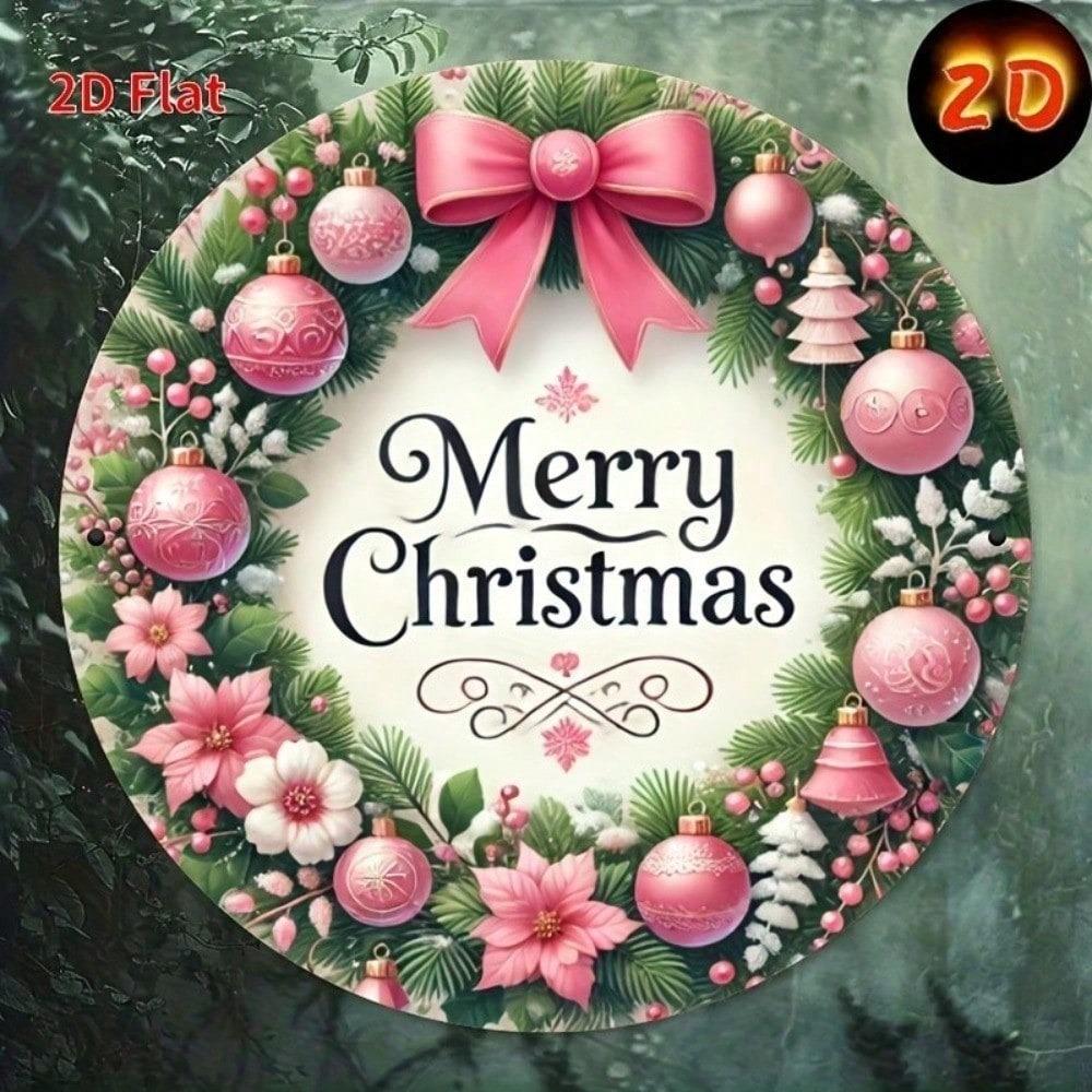 Vintage 8x8 Inch Christmas Wreath Tin Sign, Pink Retro Floral Metal Wall Art Decor for Home Bar Cafe