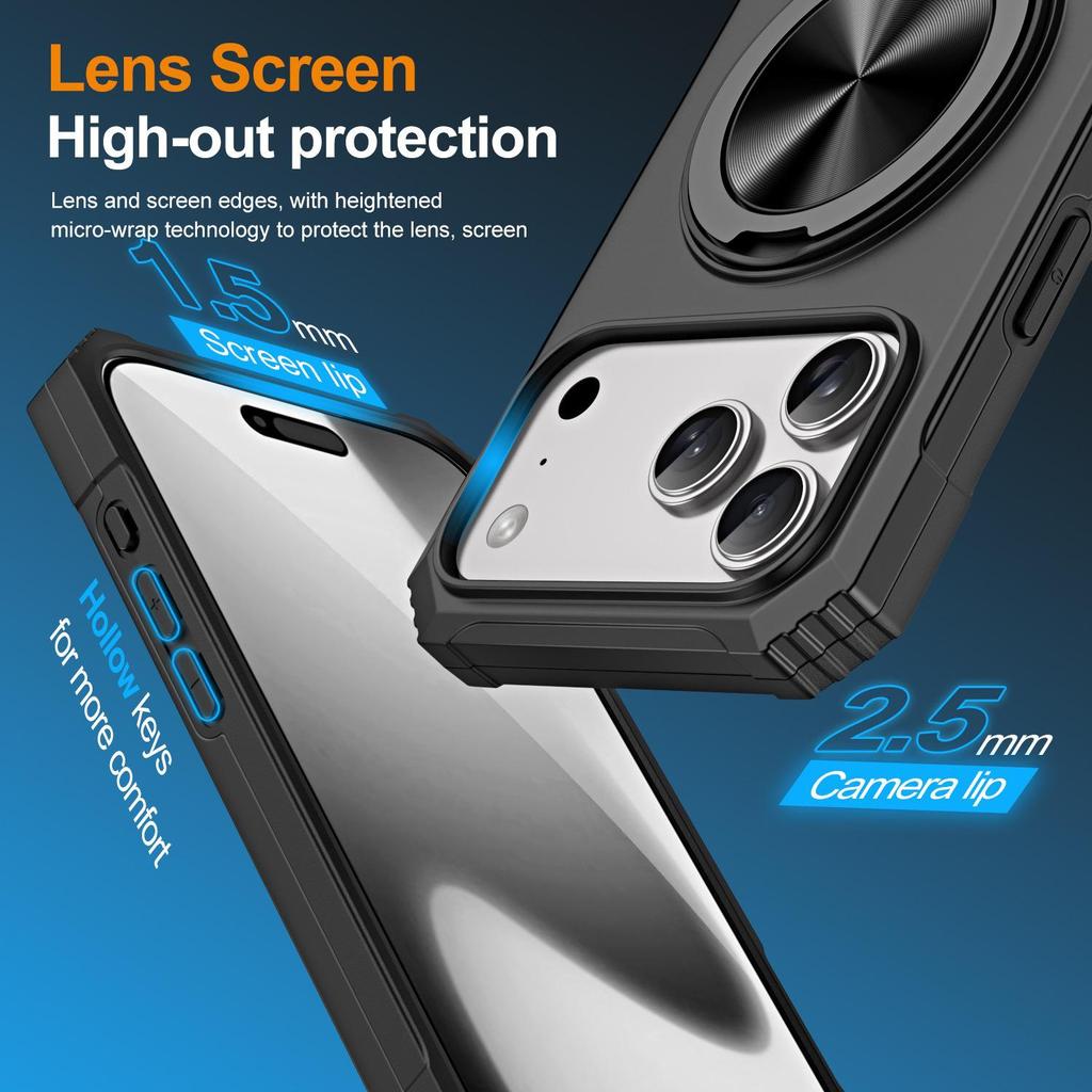 iPhone 17 Pro Max Drop-Proof Magnetic Case with 360° Rotating Ring Stand