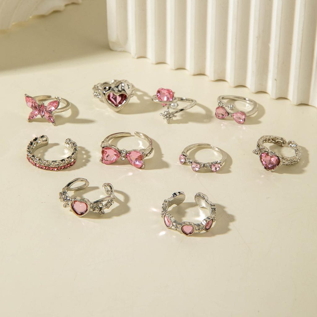 Sweet and cool pink diamond ring, love bow cold ring set.
