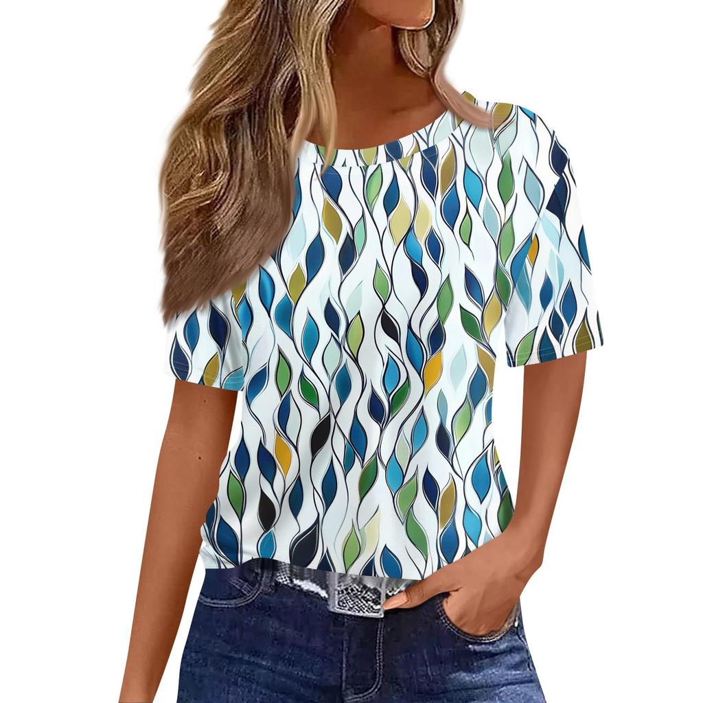 Γυναικείο Μοντέρνο Καθημερινό Μπλουζάκι Πουλόβερ με Μανίκι Κοντό και Εκτύπωση, Στρογγυλή Λαιμόκοψη