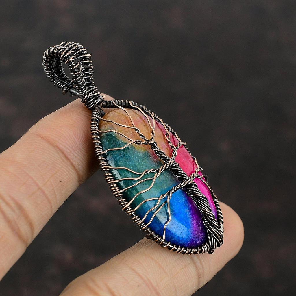 Tree Of Life Rainbow Solar Quartz Druzy Pendant Copper Wire Wrapped Gemstone Pendant Gift For Mom Handmade Pendant Beautiful Copper Jewelry