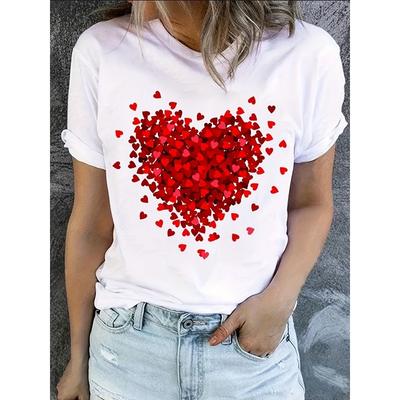 Europäische Größe Herzmuster T-Shirt, Kurzarm Rundhals Lässiges Oberteil für Sommer & Frühling, Damenbekleidung