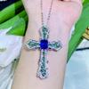 Elegant Royal Blue Sapphire and Emerald Diamond Cross Necklace for Women
