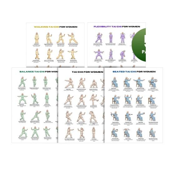 

5Pcs Tai Chi Exercise Chart for Seniors And Beginners 10x8 Inch Poster with Gentle Standing And Seated Poses Low-Impact Fitness Sets