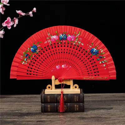 Folding Fan with Tassels Double Sided Flower Pattern Wooden Hollow Ribs Catwalks Dance Wing Chun Props Women Summer Hand Held Fan Party Supplies