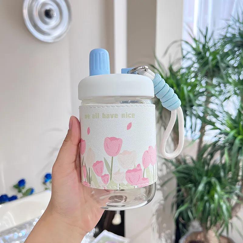 Influencer Portable Insulated Glass Water Cup with Leather Sleeve – Stylish Gift for Female Students